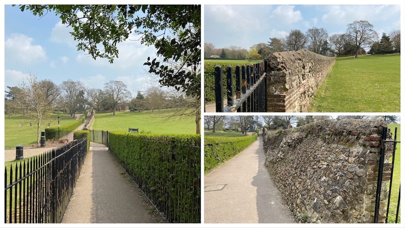 Three views of the pathway through the park, and the two sides of the Roman Wall